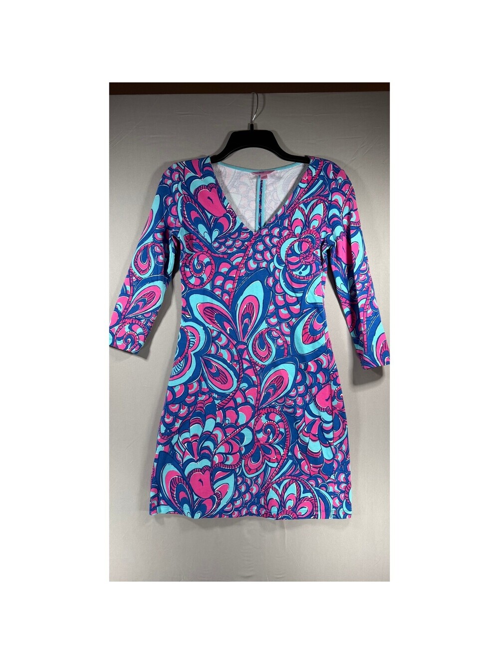 Lilly Pulitzer Womens XS Pink Blue Paisley V-Neck 3/4 Sleeve Jersey Shift Dress